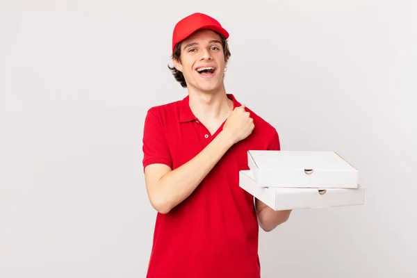 Pizza Deliver Man Feeling Happy Facing Challenge Celebrating — Zdjęcie stockowe