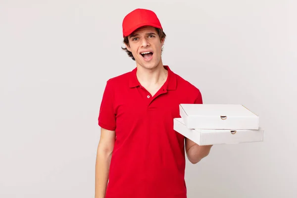 Pizza Deliver Man Feeling Puzzled Confused — Stock Photo, Image