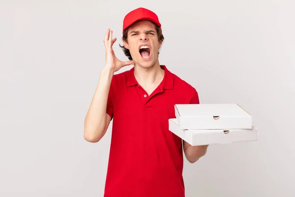 Pizza Deliver Man Screaming Hands Air — Stockfoto