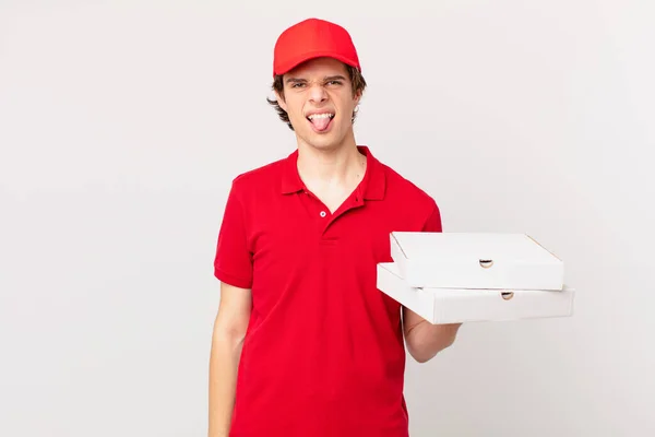 Pizza Deliver Man Feeling Disgusted Irritated Tongue Out — Zdjęcie stockowe