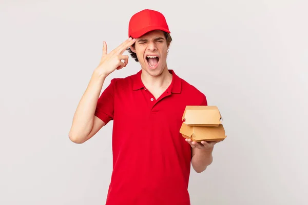 Burger Livrer Homme Regardant Malheureux Stressé Geste Suicidaire Faisant Signe — Photo