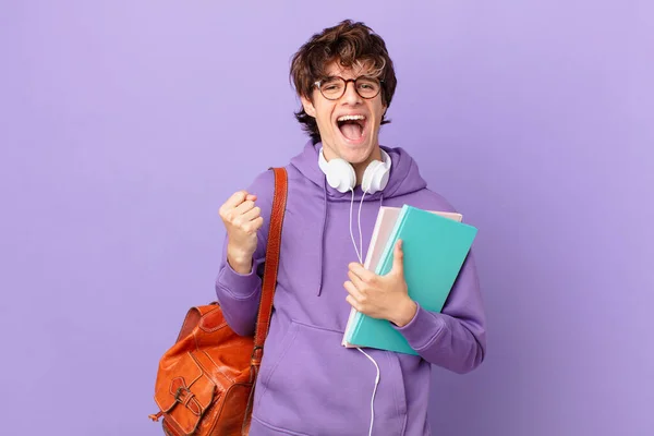 Young Student Man Feeling Shocked Laughing Celebrating Success — Photo