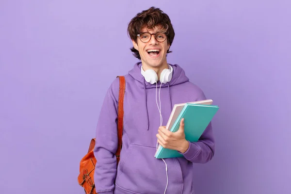 Young Student Man Looking Happy Pleasantly Surprised — Foto Stock