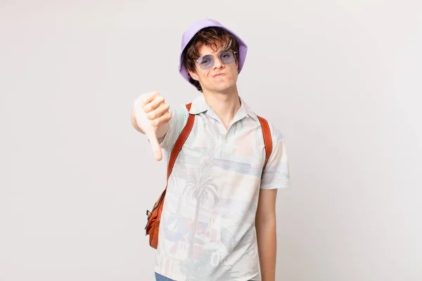 Young Traveller Tourist Man Feeling Cross Showing Thumbs — Stock Photo, Image