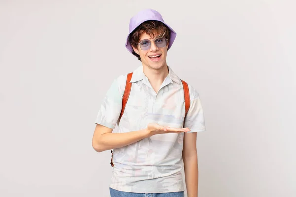 Young Traveller Tourist Man Smiling Cheerfully Feeling Happy Showing Concept — Stock Photo, Image