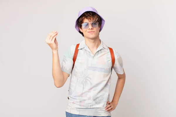 Young Traveller Tourist Man Making Capice Money Gesture Telling You — Stock Photo, Image