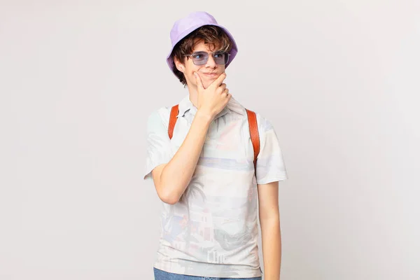 Young Traveller Tourist Man Thinking Feeling Doubtful Confused — Stock Photo, Image