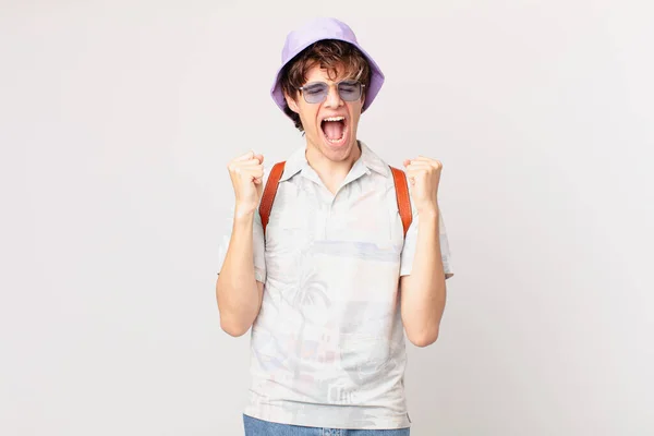 Young Traveller Tourist Man Shouting Aggressively Angry Expression — Stock Photo, Image