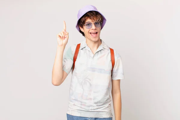 Young Traveller Tourist Man Feeling Happy Excited Genius Realizing Idea — Stock Photo, Image