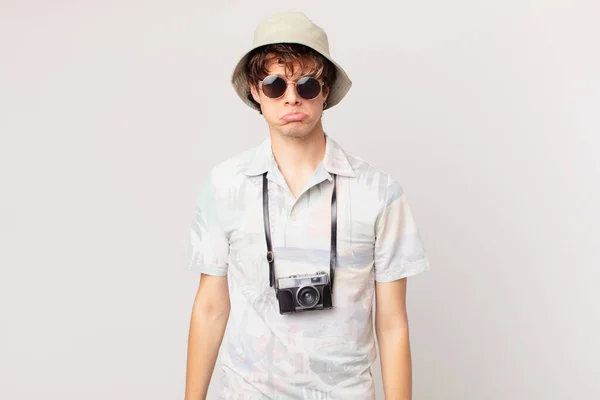 Young Traveller Tourist Man Feeling Sad Whiney Unhappy Look Crying — Stock Photo, Image