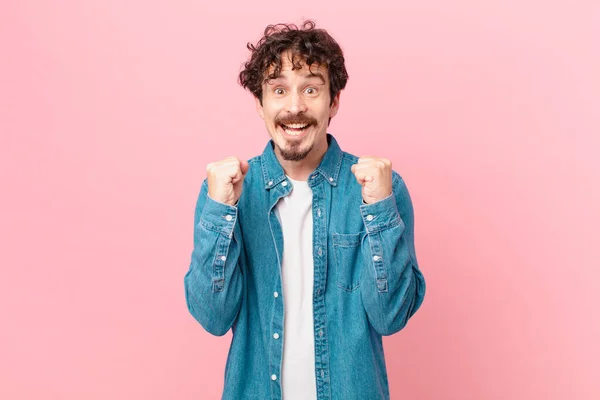 Young Handsome Man Feeling Shocked Laughing Celebrating Success — Stock Photo, Image