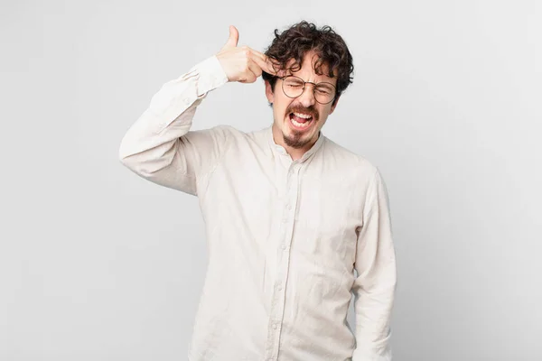 Young Handsome Man Looking Unhappy Stressed Suicide Gesture Making Gun — Stock Photo, Image