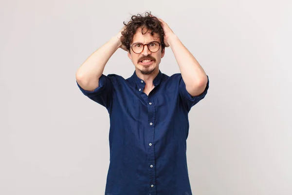 Young Handsome Man Feeling Stressed Anxious Scared Hands Head — Stock Photo, Image