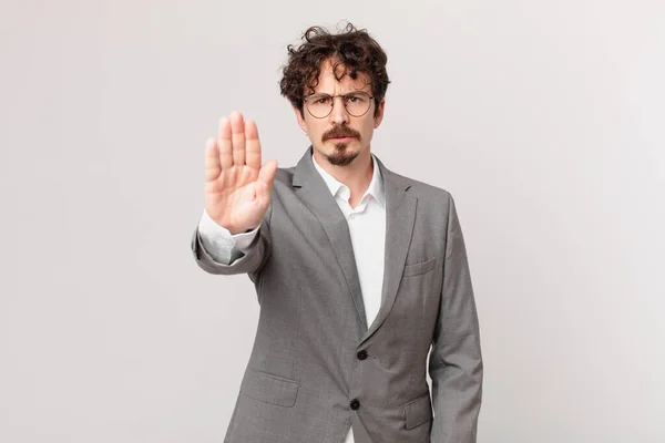 Young Businessman Looking Serious Showing Open Palm Making Stop Gesture — Stock Photo, Image