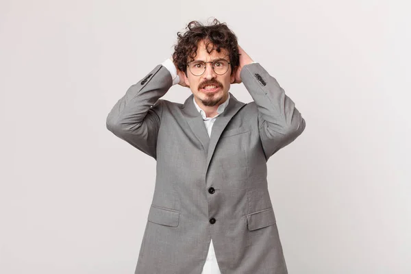 Young Businessman Feeling Stressed Anxious Scared Hands Head — Foto de Stock