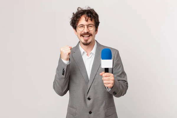 Young Man Journalist Feeling Shocked Laughing Celebrating Success — Stock Photo, Image