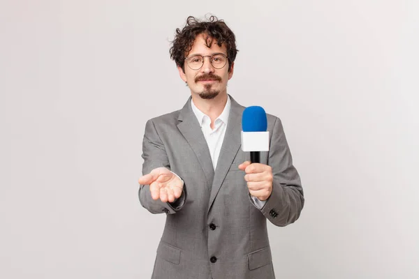 Young Man Journalist Smiling Happily Friendly Offering Showing Concept — Stock Photo, Image