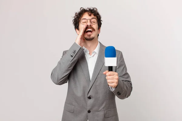 Young Man Journalist Feeling Happy Giving Big Shout Out Hands — Foto de Stock