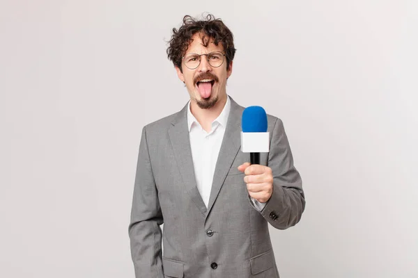 Young Man Journalist Cheerful Rebellious Attitude Joking Sticking Tongue Out — Stock Photo, Image