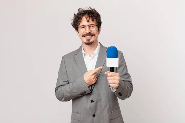 Young Man Journalist Smiling Cheerfully Feeling Happy Pointing Side — Stock Photo, Image