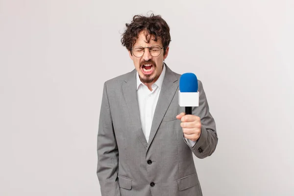 Young Man Journalist Shouting Aggressively Looking Very Angry — Stock Photo, Image