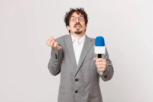 Young Man Journalist Looking Desperate Frustrated Stressed — Stock Photo, Image