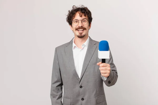 Young Man Journalist Looking Happy Pleasantly Surprised — Foto de Stock