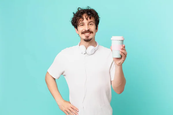 Jeune Homme Avec Café Souriant Heureux Avec Une Main Sur — Photo