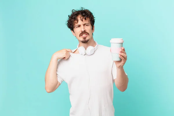 Jeune Homme Avec Café Sentant Stressé Anxieux Fatigué Frustré — Photo