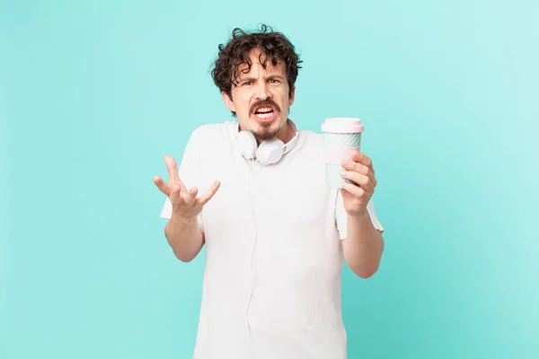 Jeune Homme Avec Café Air Colère Agacé Frustré — Photo