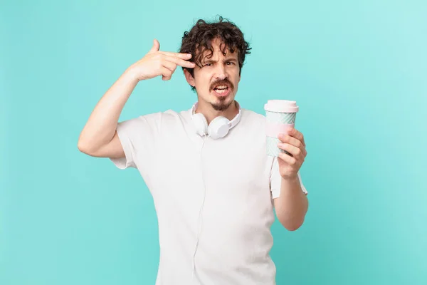 Jonge Man Met Een Koffie Die Ongelukkig Gestresst Uitziet Zelfmoordgebaar — Stockfoto