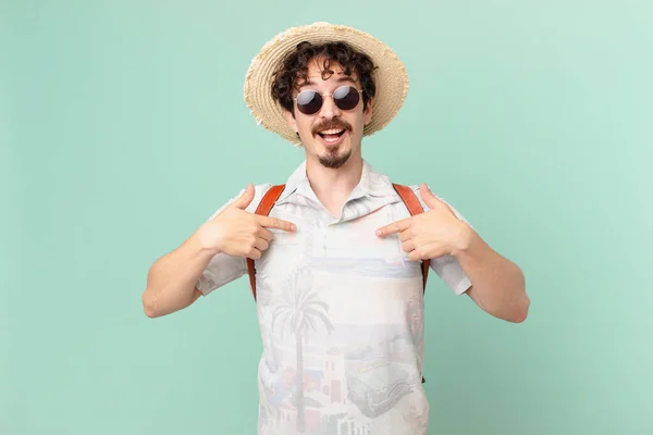 Young Traveller Tourist Feeling Happy Pointing Self Excited — Stock Photo, Image