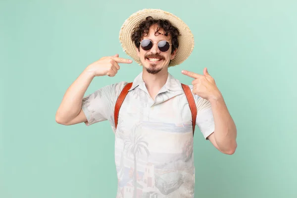 Young Traveller Tourist Smiling Confidently Pointing Own Broad Smile — Stock Photo, Image