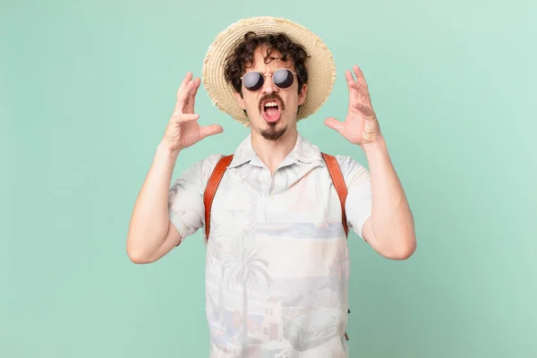 Young Traveller Tourist Screaming Hands Air — Stockfoto