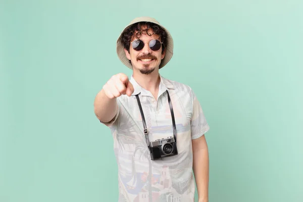 Young Traveller Tourist Pointing Camera Choosing You — Foto Stock