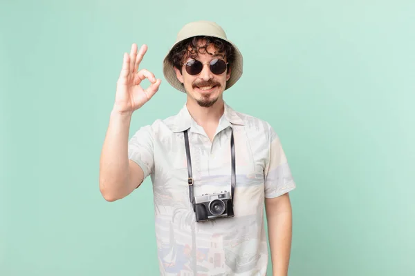 Young Traveller Tourist Feeling Happy Showing Approval Okay Gesture — Fotografia de Stock