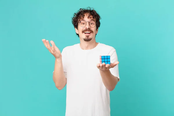 Young Man Solving Intelligence Problem Feeling Happy Surprised Realizing Solution — Foto de Stock