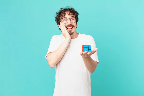 Young Man Solving Intelligence Problem Feeling Happy Excited Surprised — Foto de Stock