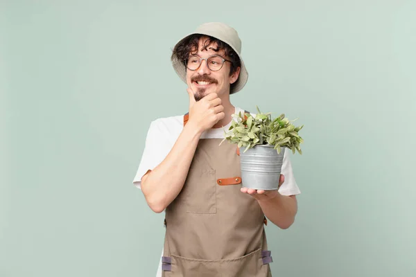 Young Farmer Man Smiling Happy Confident Expression Hand Chin — Stock Photo, Image