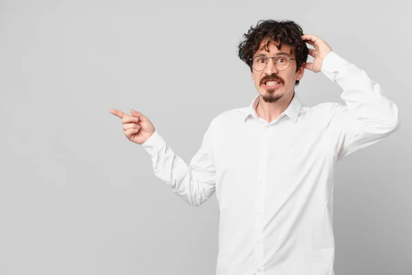 Young Handsome Man Feeling Stressed Anxious Scared Hands Head — Stock Photo, Image