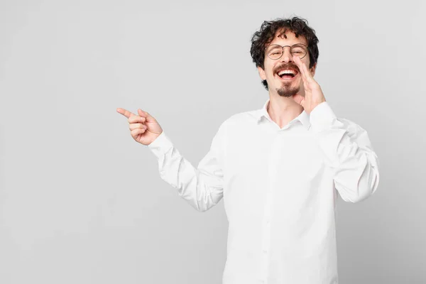 Young Handsome Man Feeling Happy Giving Big Shout Out Hands — Stock Photo, Image