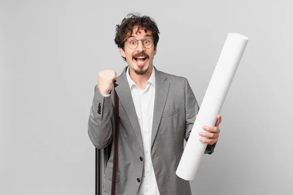 Young Architect Feeling Shocked Laughing Celebrating Success — Stock Photo, Image