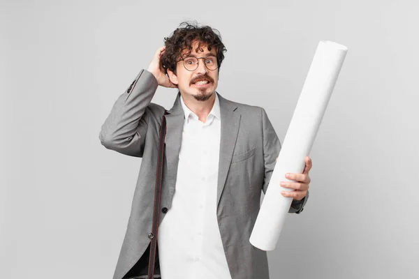 Young Architect Feeling Stressed Anxious Scared Hands Head — Stock Photo, Image