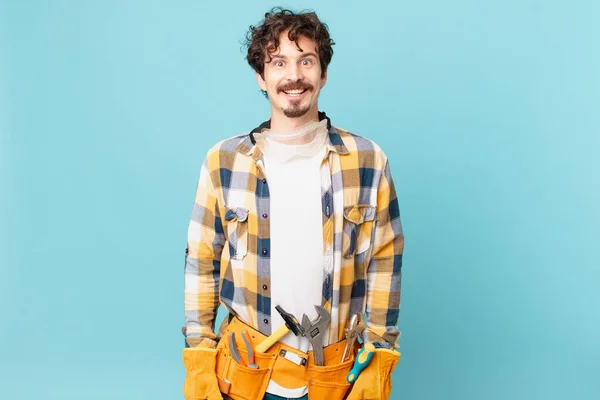 Young Handyman Housekeeper Looking Happy Pleasantly Surprised — Foto de Stock