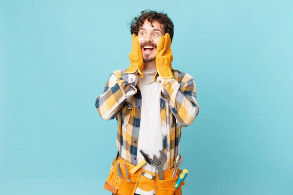 Young Handyman Housekeeper Feeling Happy Excited Surprised — Foto de Stock