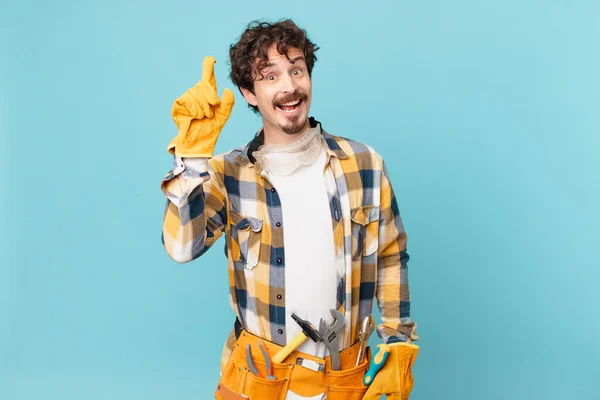 Young Handyman Housekeeper Feeling Happy Excited Genius Realizing Idea — Fotografia de Stock