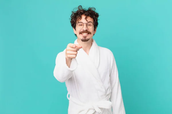 Young Man Wearing Bathrobe Pointing Camera Choosing You — Stock Photo, Image