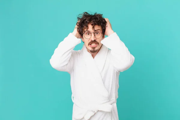 Young Man Wearing Bathrobe Feeling Stressed Anxious Scared Hands Head — Stock Photo, Image