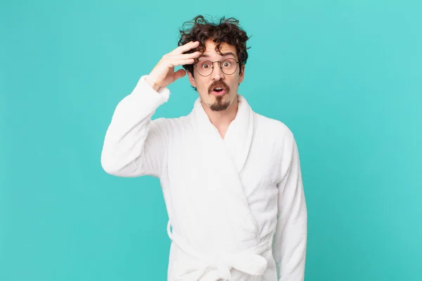 Young Man Wearing Bathrobe Looking Happy Astonished Surprised — Stock Photo, Image