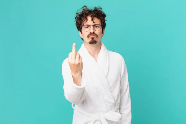 Young Man Wearing Bathrobe Feeling Angry Annoyed Rebellious Aggressive —  Fotos de Stock